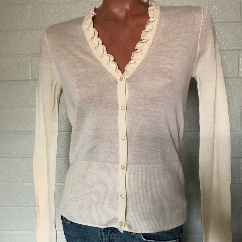 Elie Tahari Cream Cardigan with Ruffle Trim M